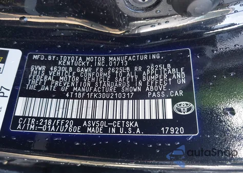 2013 Toyota Camry L/Se/Le/Xle из США, поврежденный, VIN 4T1BF1FK3DU210317